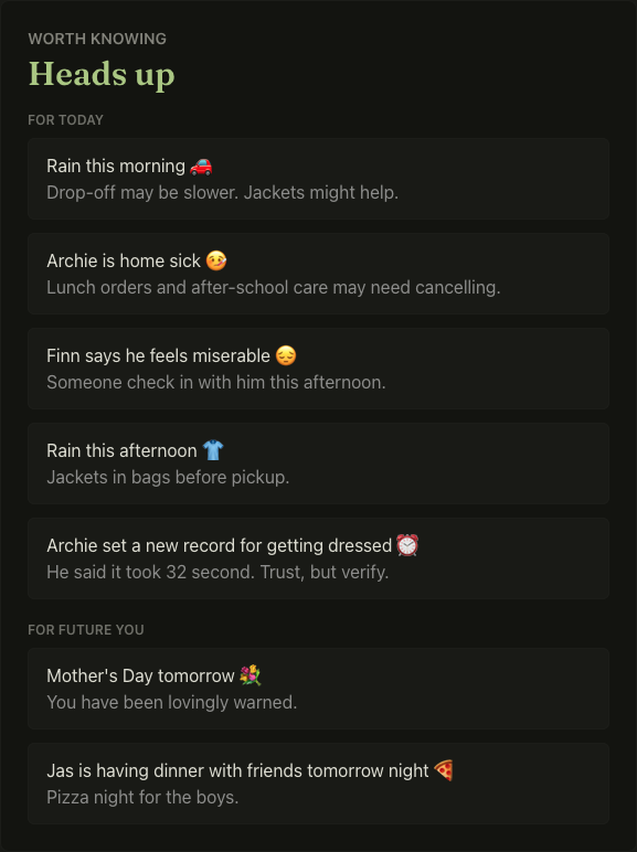 Rolling day view with activity cards, floating actions, person statuses, and weather impact.