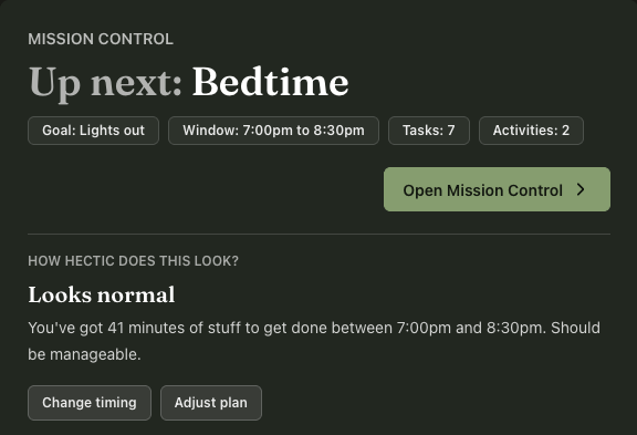 A household heads-up panel showing practical prompts for today and tomorrow.